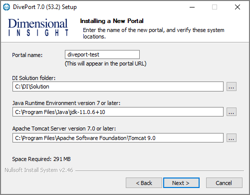 The Installing a New Portal window, asking to verify system locations.